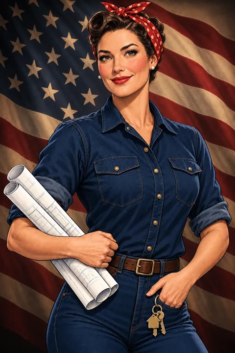 Original riveter-inspired mortgage guide with victory-roll hair, red bandana and an American flag backdrop