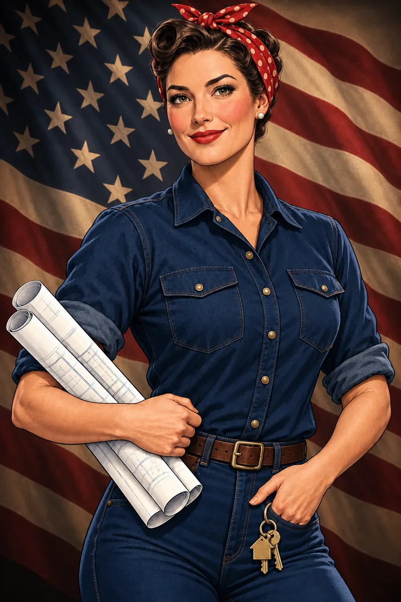 Original vintage-inspired mortgage guide character with home plans and an American flag backdrop